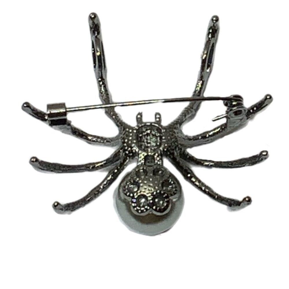 Gunmetal Silvertone Gray Black Spider Pin Brooch Gothic Halloween Faux Pearl - Picture 2 of 6
